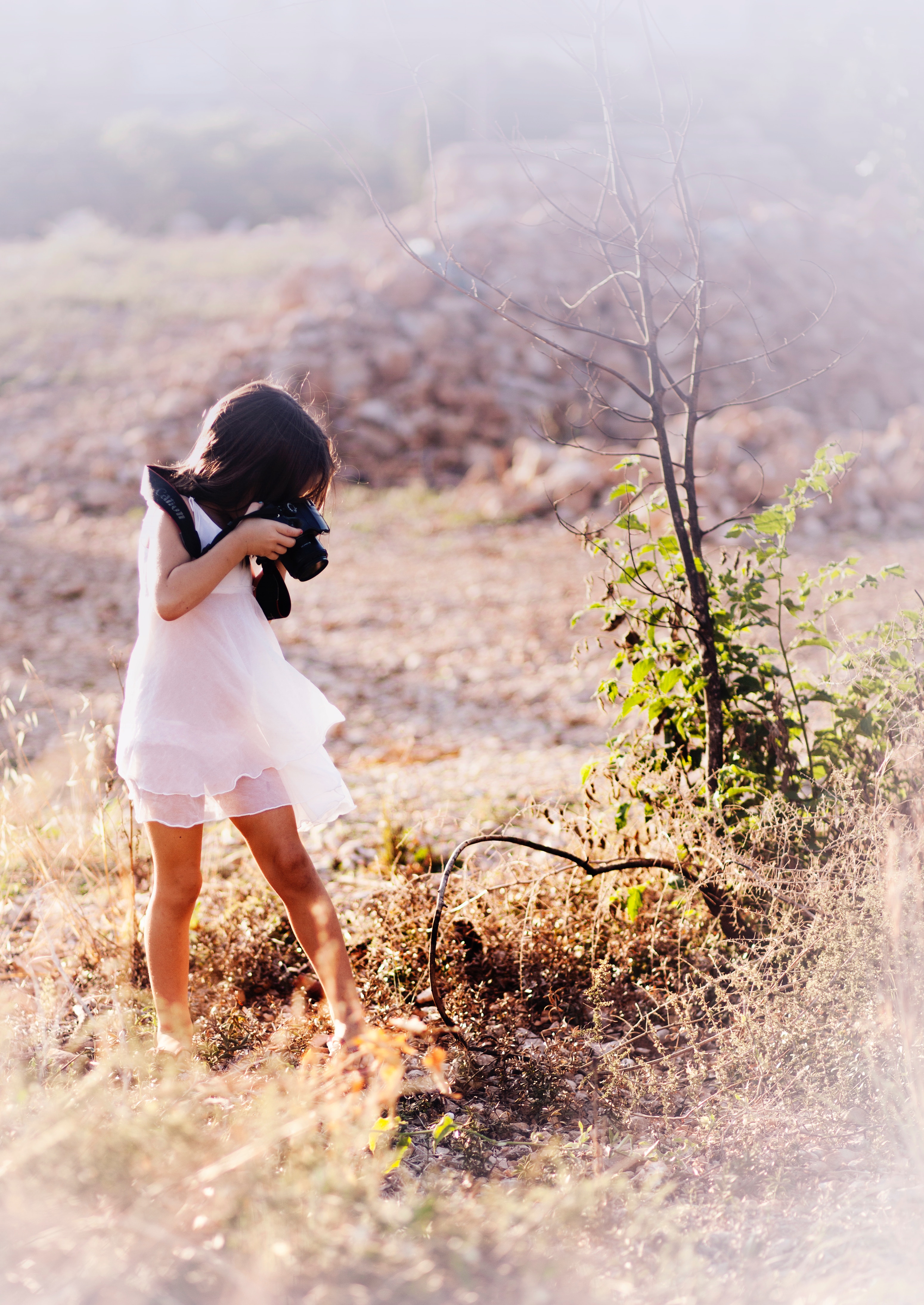 Brown-haired girl in diaphanous white dress using real camera to photograph something near the ground, standing in a field of dry grass.